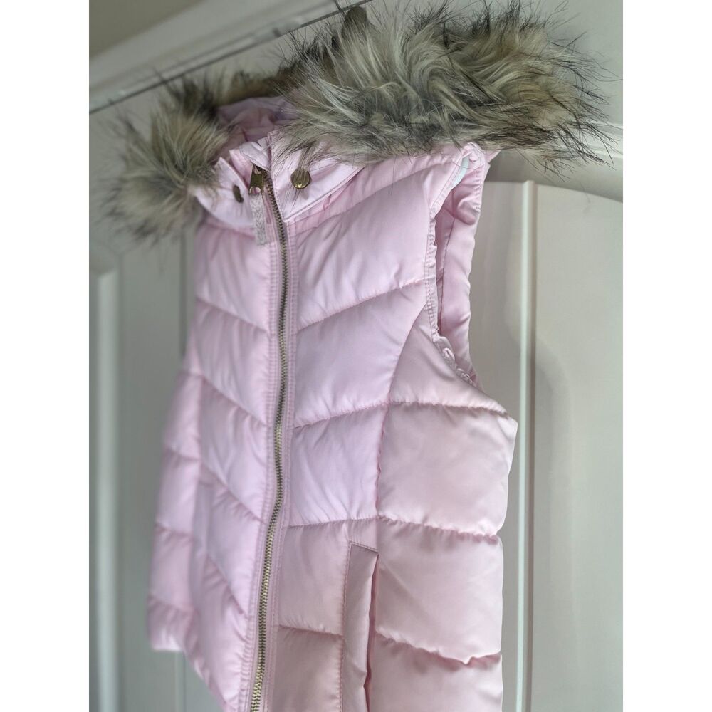 H&M Girls Pink Puffer Vest Faux Fur Hood Size 6-8Y Kids Winter Outerwear